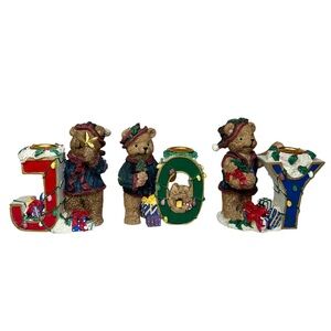 Vintage Open Box Christmas Ceramic Joy 3 Teddy Bear Taper Candle Holders 1998